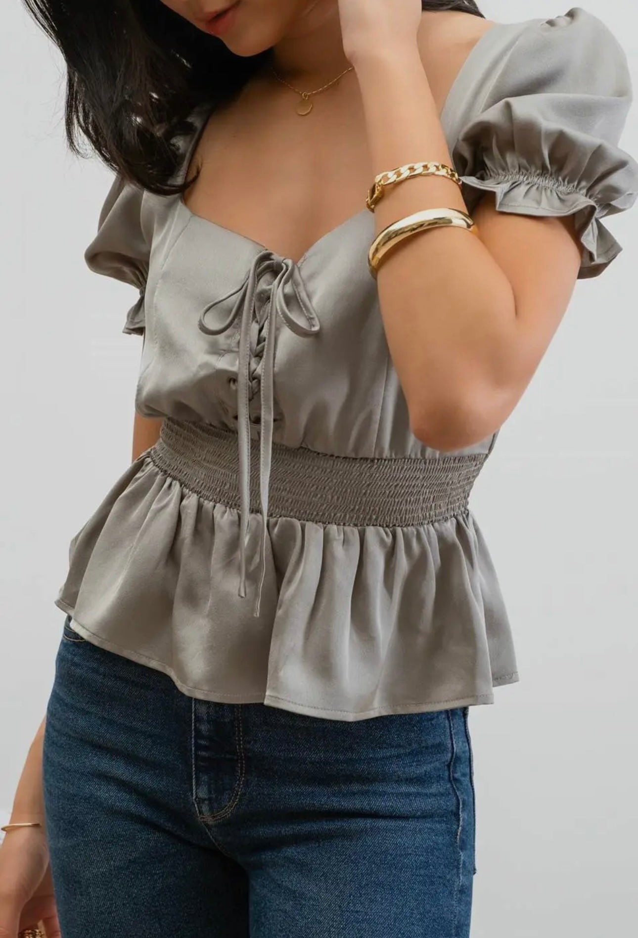 CORA LACE UP FRONT PUFF SHORT SLEEVE