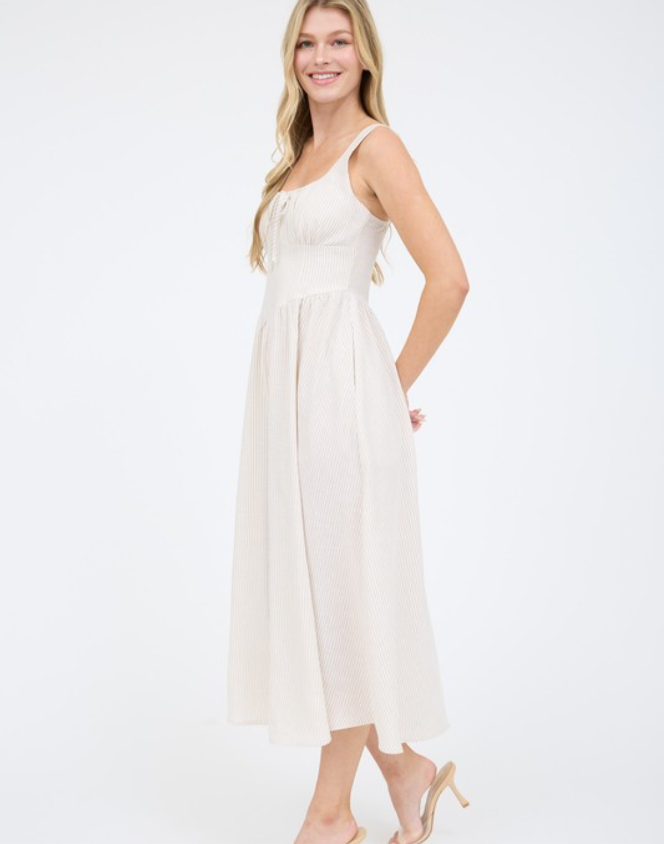 LAYLA STRIPED SLEEVELESS CORSET MIDI DRESS