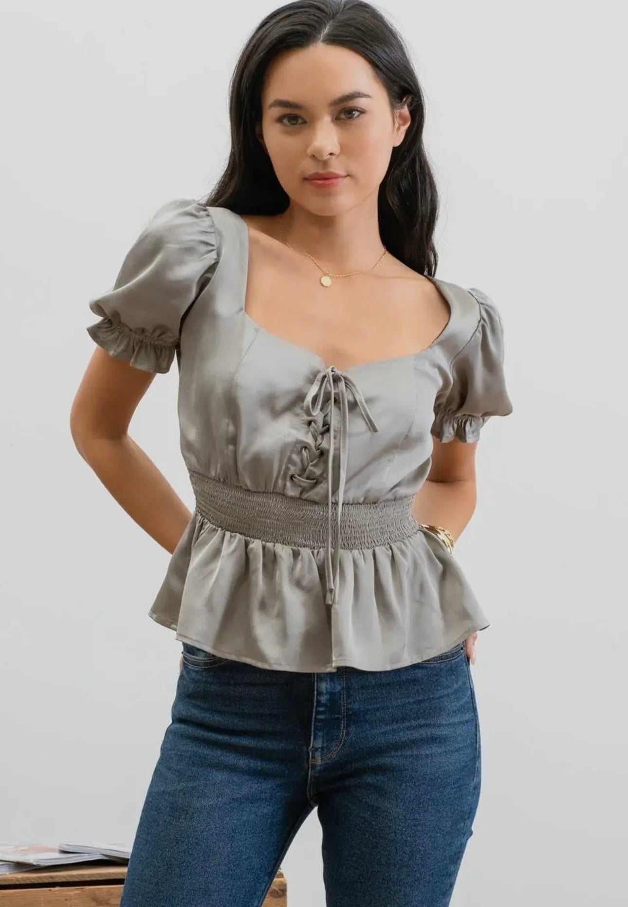 CORA LACE UP FRONT PUFF SHORT SLEEVE