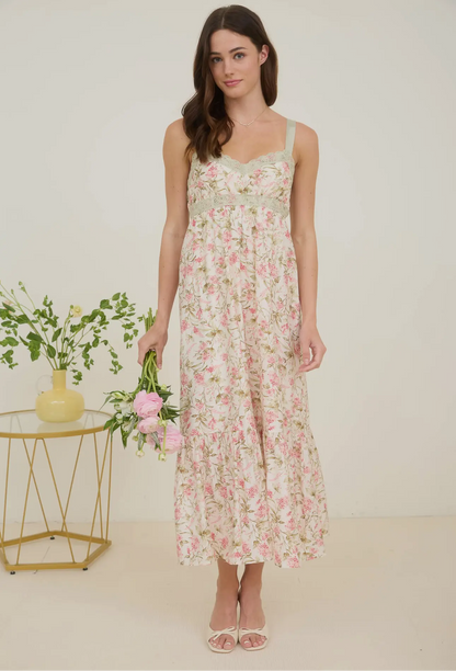 CHEY FLORAL LACE RIBBON BACK TIE MIDI DRESS