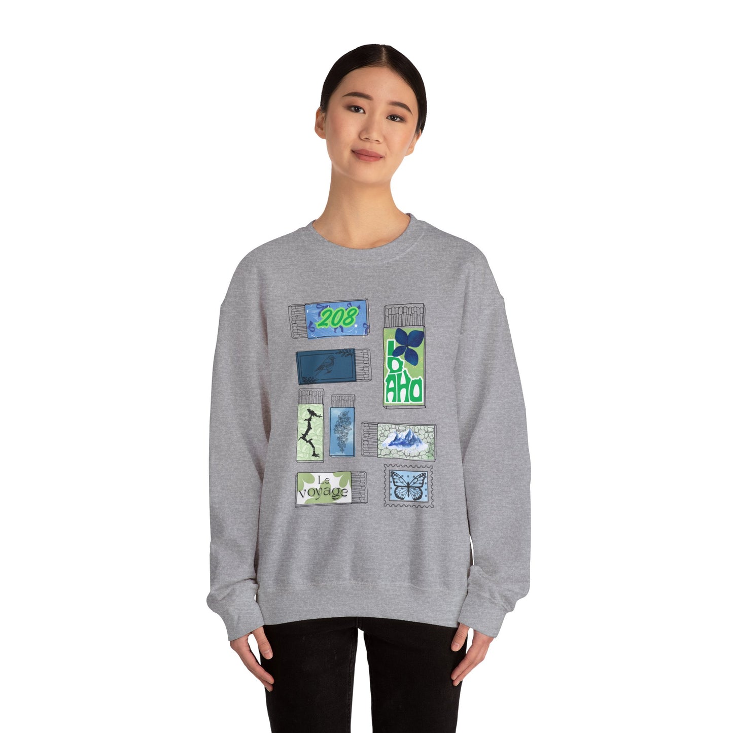 Travel-Inspired Unisex Crewneck Sweatshirt with Vintage Postage Design