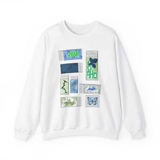 Travel-Inspired Unisex Crewneck Sweatshirt with Vintage Postage Design