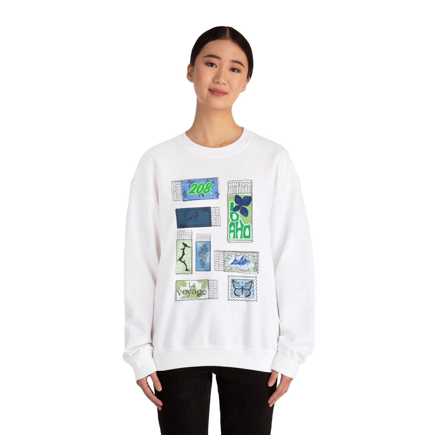 Travel-Inspired Unisex Crewneck Sweatshirt with Vintage Postage Design