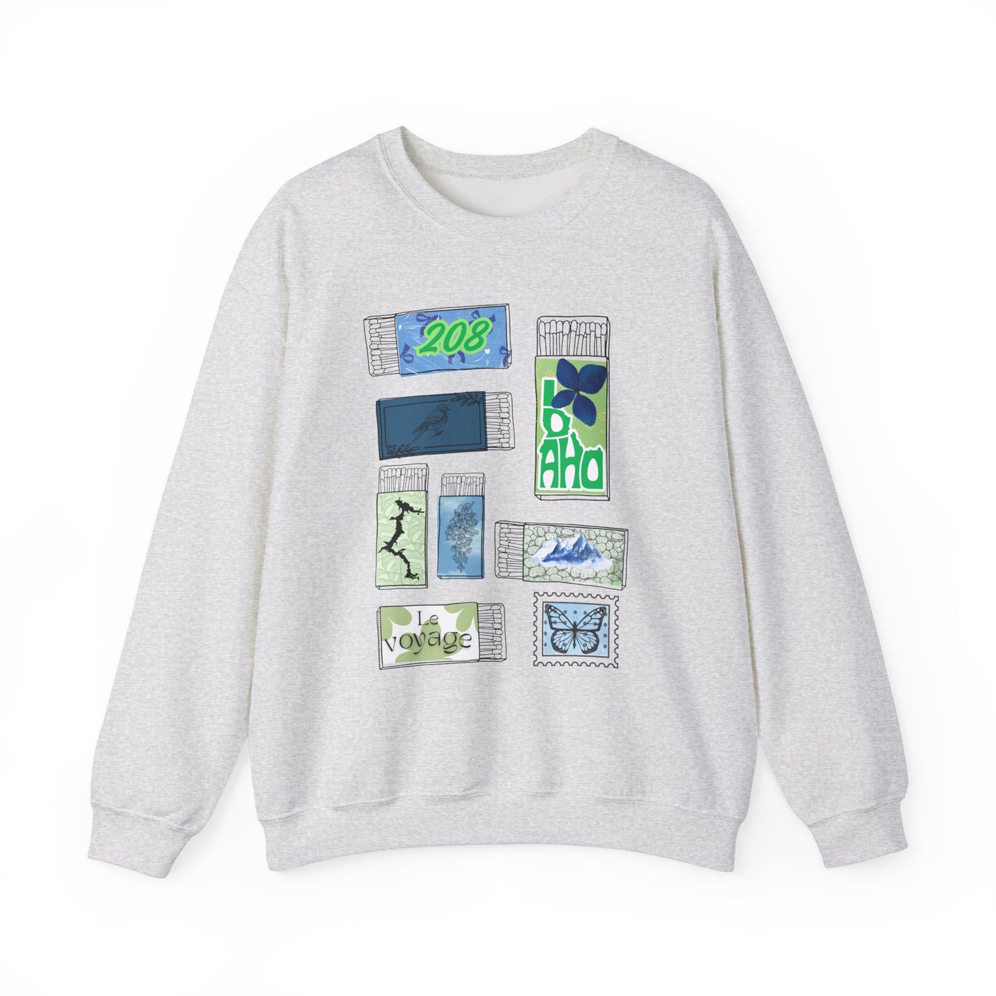 Travel-Inspired Unisex Crewneck Sweatshirt with Vintage Postage Design